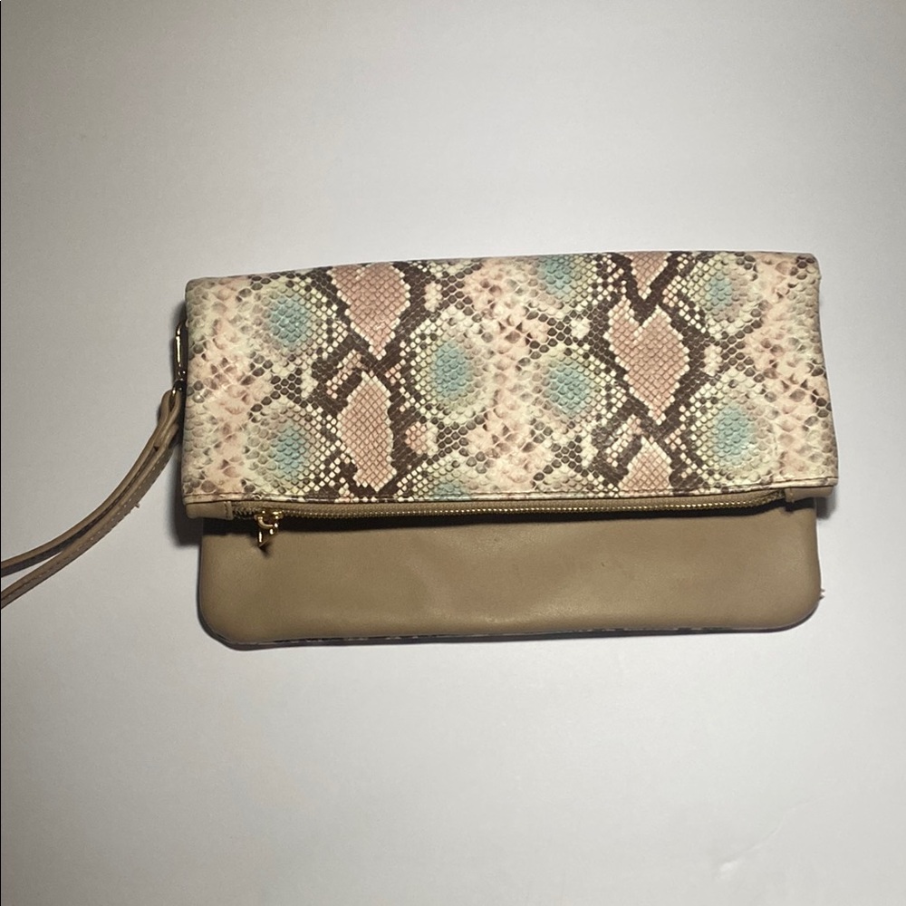 Kaari Blue Tan and Brown Clutch with Snake-Print Design